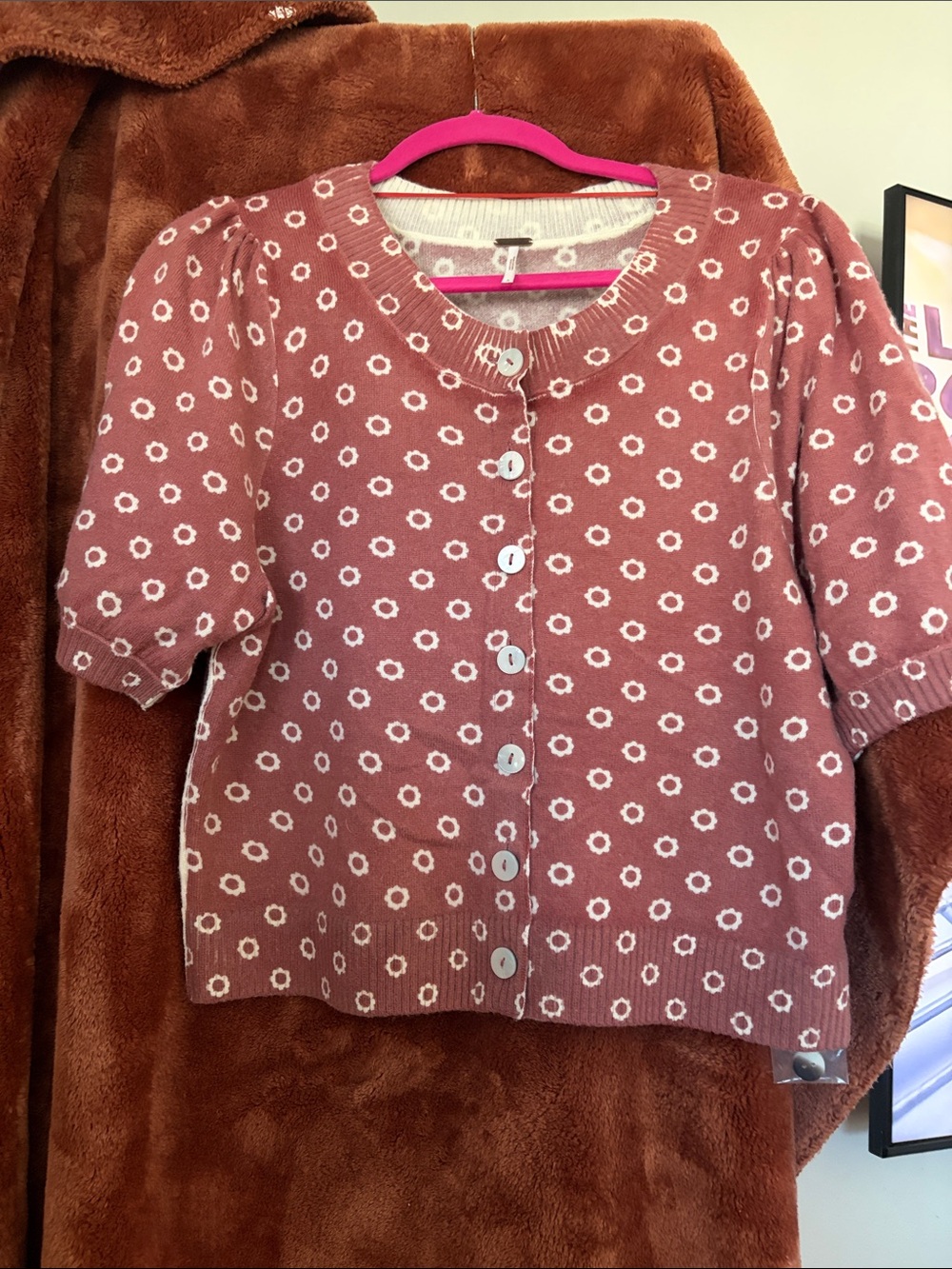 Free People Rose Pink Daisy Button-Front Knit Top
